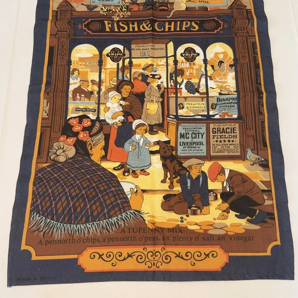 Vintage Fish and Chips British Tea Towel All Cotton Made in Britain 19.5x27.5